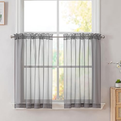 Simplebrand Grey Sheer Kitchen Curtains 36x36in, Cafe Tier Rod Pocket Curtains for Bathroom/Small Windows, 2 Panels