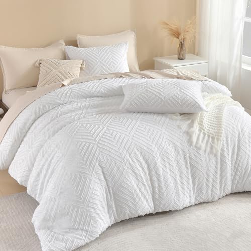 Litanika California King Comforter Set, 3 Pcs White Tufted Boho Bedding Set - Farmhouse Shabby Chic Vintage Bohemian Textured Aesthetic Soft Fluffy Lightweight Breathable All Season Bed Set
