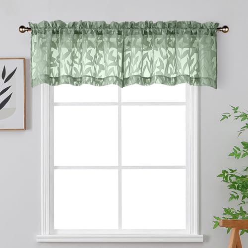OWENIE Leyna 14 Inch Sage Green Valance for Windows 2 PCS Sheer Curtains, Jacquard Leaves Textured Small Kitchen Valances Curtain for Living Room Bedroom, Modern Rod Pocket Drapes, 40Wx14L Inch