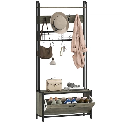HOMCOM Coat Rack with Shoe Storage Bench and Grid Panel, Hall Tree, 5-In-1 Industrial Coat Rack Stand with Shoe Cabinet and 10 Hooks for Hallway, Entryway, Living Room, Grey