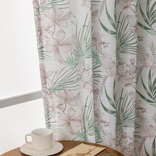 SUOUO Red Floral Semi Sheer Curtains Linen Textured for Living Room Patterned Green Tropical Palm Leaf 96 inches Long Window Drapes for Dining Bedroom 2 Panels