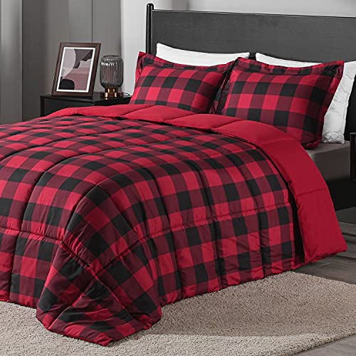 downluxe Lightweight Plaid Comforter Set (King) with 2 Pillow Shams - 3-Piece Set - Red/Black Plaid - Down Alternative Reversible Comforter