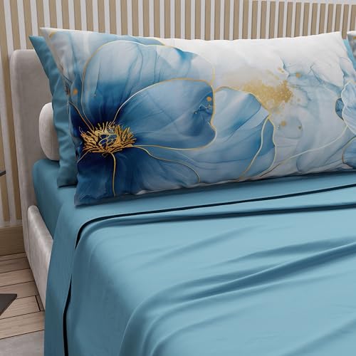 PETTI Artigiani Italiani - Double Bed Sheets Cotton with Pillowcases in Digital Print, Double Bed Sheet Floral Pattern 138 Light Blue, 100% Made in Italy