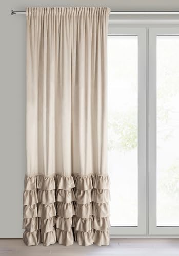 Eurofirany Carli Velvet Curtain with Ruffle Tape, 1 Piece, Opaque Blackout Curtain for Living Room, Bedroom, 140 x 270 cm, Beige