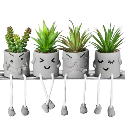 INFTYLE Creative Artificial Succulent Plants in pots - 4 Pieces Mini Fake Plant Faux Succulent Emotional Cement Potted for Home Desk Shelf Kitchen and Office Decor (4 PCS New), FZDR-1