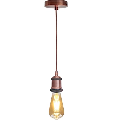 LEDSone Vintage Copper Pendant Light Fitting E27 Lamp Holder with 1m Braided Cable – Industrial Ceiling Hanging Light for Kitchen, Dining Room, Living Room