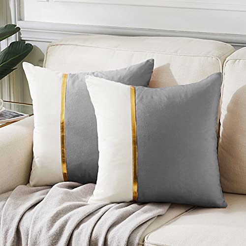 Fancy Homi 2 Packs Decorative Throw Pillow Covers 20x20 Inch for Living Room Couch Bed, Grey and White Velvet Patchwork with Gold Leather, Luxury Modern Home Decor, Accent Cushion Case 50x50 cm