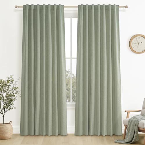 "Sage Green Blackout Linen Curtains 84 Inches Long for Living Room Bedroom, Pleated Window Track Curtain with Pin Hooks Belt Boho Light Green Drapes Thermal Insulated (50""Wx84""Lx2Panels) Back Tab"