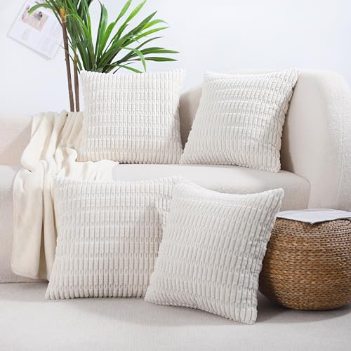 All Smiles Decorative Cream Throw Pillow Covers 16x16 Set of 4 Farmhouse Rustic Boho Home Decor Soft Plush Striped Corduroy Square Cushion Case for Living Room Couch Bed Sofa