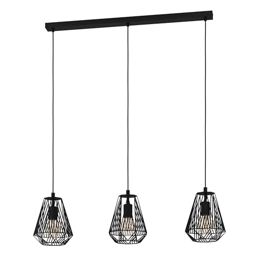 Eglo Pendant Lighting Stype, 3 Bulb Ceiling Light Fitting Made of Black Metal, Hanging lamp for Dining and Living Room, E27 Socket
