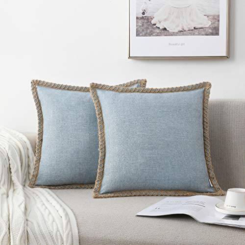 NordECO HOME Set of 2 Farmhouse Cushion Covers Burlap Linen Trim Custom Edges Decorative Pillow Covers for Bed Home Decor 16x16 Inch Blue