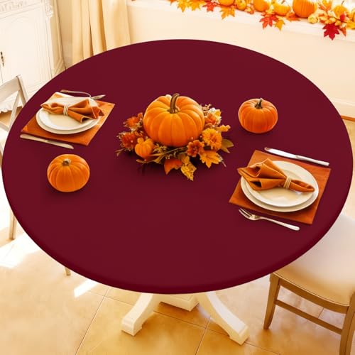 "Moosfor Spandex Round Tablecloth, Fitted Table Cloth for 45""-56"" Tables - Elastic Outdoor Picnic Table Cover, Circle Stretch Waterproof Table cloths for Patio, Dining, Kitchen, Wine Red"