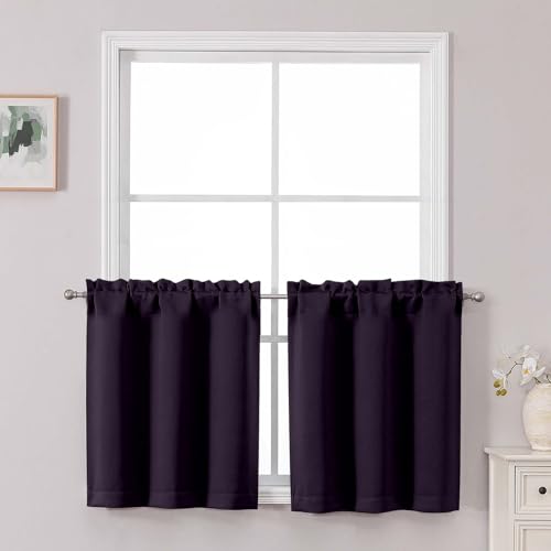 Chyhomenyc Short Dark Purple Curtains 24 Inch Length, Small Kitchen Curtain Rod Pocket Half Window Curtains for Basement Cabinet Camper RV Bunk, 2 PCS, Each 30Wx24L, Dark Purple