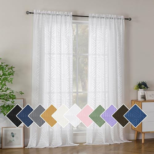Simplebrand Semi Sheer White Curtains 96 Inches Long 2 Panels, Light Filtering Geometric Jacquard Clip Textured Sheer Curtains for Living Roon???Modern Elegant Window Curtains Drapes???42x96 inch