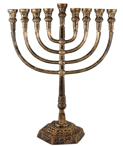 "Zion Judaica Extra-Large Temple Style Menorah - 20.75"" Tall Gold-Toned Aluminum Chanukah Candelabra with Jerusalem & Grape Engravings - Heavy-Duty Hanukkiah Fits Shabbat or Hanukah Candles & Oil Cups"