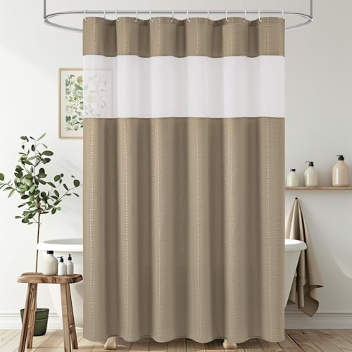 UFRIDAY Moka Waffle Weave Fabric Shower Curtain with Mesh Window 72x72 inch