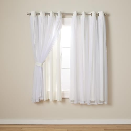 "TOWN & COUNTRY LUXE Exclusive Home Catarina Layered Solid Room Darkening Blackout and Sheer Grommet Top Curtain Panel Pair, 52""x63"", Vanilla"