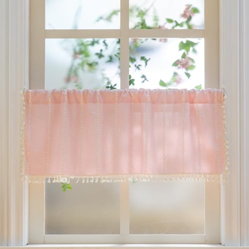 "Sutuo Home Boho Valance Curtains for Road Tiers Windows, Bohemian Short Curtains Light Filtering French Country Tassels Window Treatment Embroidery Drape, Rod Pocket 1 Panel 52"" W x 18"" L, Pink"