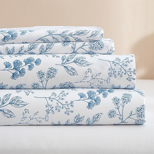 "HighBuy Luxury Soft Queen Sheets Set White - Vintage Floral Sheet Set Cooling Bed Sheets Queen - 4 Piece Blue Floral Sheet Set - 16"" Extra Deep Pocket,Breathable & Soft Sheets"