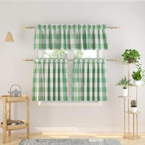 "3 Pc Cotton Classic Country Farmhouse Kitchen Window Curtain -Mint Green & White Buffalo Check Tier & Valance Set, 54"" x 18"" / 27"" x 30"""