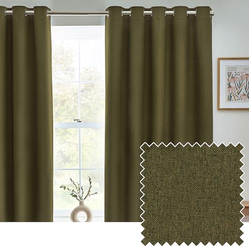 furn. Dawn Textured Blackout Eyelet Curtains – Thermal Lined Pair (Olive - Width 117 x Drop 183cm)