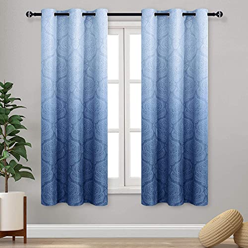 DWCN Blue Ombre Curtains for Bedroom - Damask Patterned Thermal Insulated Blackout Room Darkening Grommet Curtains for Living Room, Set of 2 Window Curtain Panels, 46 x 72 Inches Long, Navy Blue