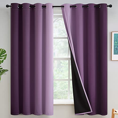 Yakamok 100% Blackout Purple Curtains 63 inches Long for Living Room - Room Darkening Ombre Curtain for Bedroom Grommet Light Blocking Thermal Insulated Gradient Drapes???2 Panels???52W x63L
