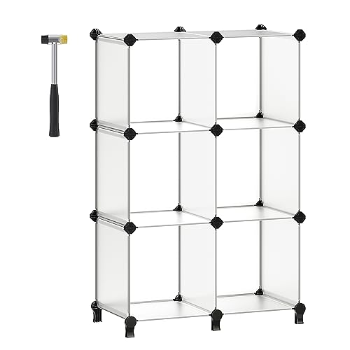 SONGMICS 6 Cube Storage Unit, Modular Plastic Cube Storage Organiser, Shoe Rack, Each Cube 30 x 30 x 30 cm, Living Room, Bedroom, Study, with Rubber Mallet, White LPC111S