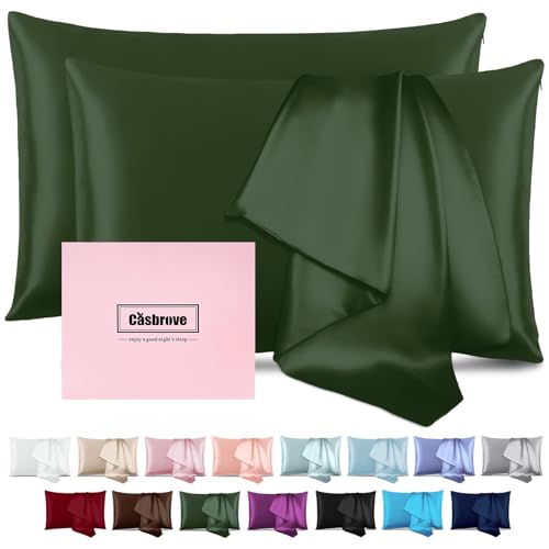 Silk Pillow Cases 2 Pack Mulberry Silk Pillow Cases Soft Breathable Both Sided Natural Silk Pillowcase with Zipper Beauty Sleep Silk Pillow Cases for Gift(Queen,Green)