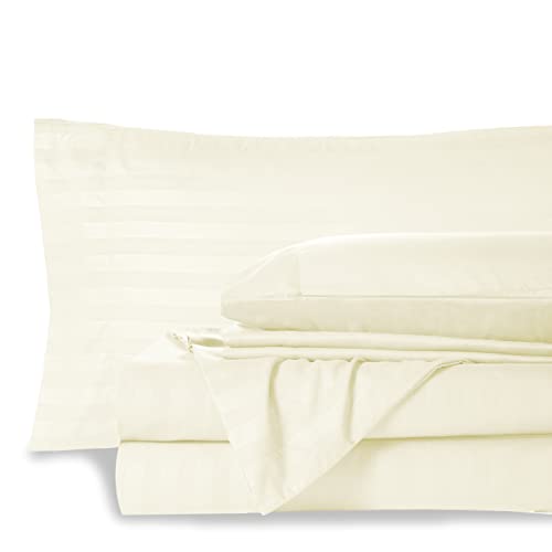 Mocassi Full Stripe Sheet Set - Luxury Hotel 1800 Premier Bedding Sheets & Pillowcases - Ultra Soft Breathable & Cooling Bed Sheets - Wrinkle Resistant - 6 Piece Set - Full, Ivory