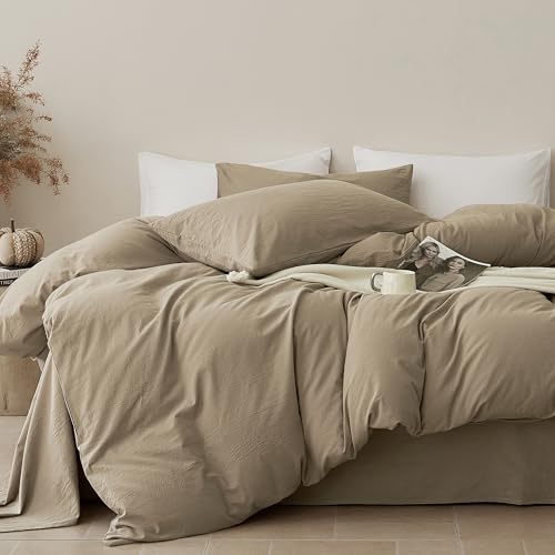 JELLYMONI 100% Cotton King Duvet Cover Set, Washed Linen-Like Texture - Pre-Shrunk, with Natural Wrinkles, Wide Zipper Opening, Colorfast,8 Reinforced Ties,1 Duvet Cover&2 Pillowcases