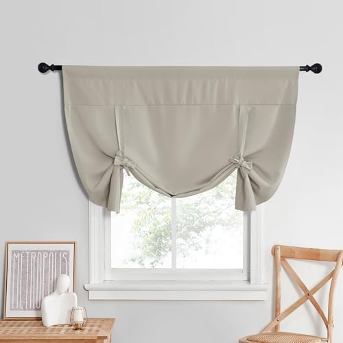 "NICETOWN Small Window Curtains for Bathroom Blackout Thermal Insulating Tier for Kitchen - Short Rod Pocket Tie Up Curtains for Kitchen, 1 PC, 52"" W x 45"" L, Natural"