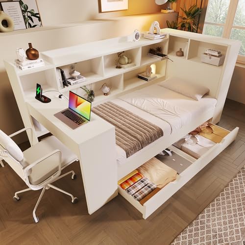 Ball & Cast Single Daybed with Bookcase & Computer Desk, 3FT Sofa Bed with Storage, Drawers & USB Type-C Port, 90 x 190 cm Multi-functional Wooden Bed Frame for Living Room/Bedroom, White