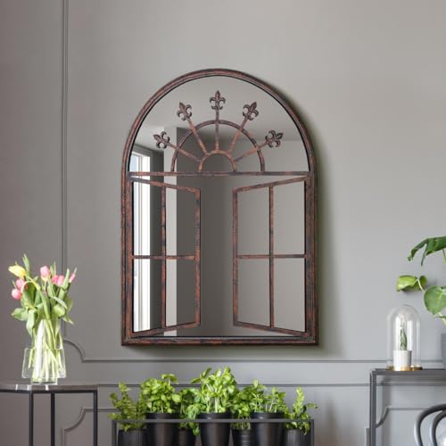 "MirrorOutlet The Kirkby - Rustic Metal Framed Church Window Style Arched Wall Mirror 35"" X 27"" (89CM X 69CM) Glass Mirror with Black All weather Backing."
