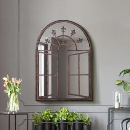 "MirrorOutlet The Kirkby - Rustic Metal Framed Church Window Style Arched Wall Mirror 35"" X 27"" (89CM X 69CM) Glass Mirror with Black All weather Backing."