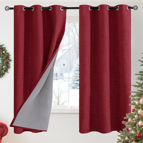 YoungsTex Burgundy Linen Blackout Curtains 63 Inches Long for Bedroom, Thermal Insulated Light Blocking Window Drapes with Grommet Christmas Decor for Living Room, 2 Panels, 42 X 63 Inch