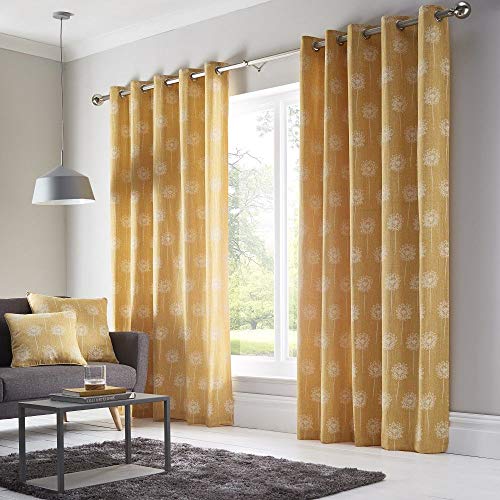 Bedmaker Floral Fully Lined Eyelet Ring Top Curtains, Ochre, 66w x 72d Inches