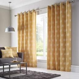 Bedmaker Floral Fully Lined Eyelet Ring Top Curtains, Ochre, 66w x 72d Inches