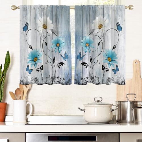 "AAtter Blue Floral Kitchen Curtains, 27.5"" W x 39"" L, 2 Panels Rod Pocket - White and Black Farmhouse Window Drapes, Country Rustic Flower, Cute Vintage Daisy Butterfly, Boho Small Short Bathroom Tiers"