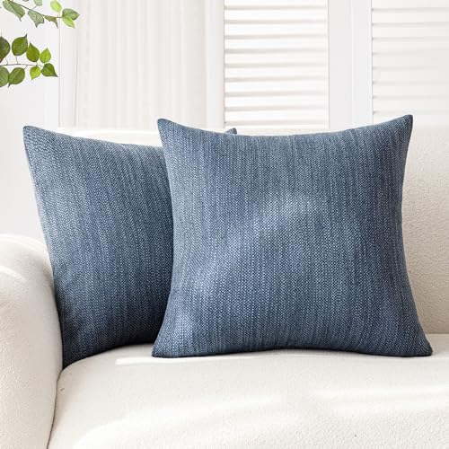 Foindtower Set of 2 Decorative Textured Burlap Linen Throw Pillow Covers Farmhouse Boho Cushion Cover Solid Accent Pillowcase for Couch Sofa Bed Living Room Home Decor, 24??24 Inch,Navy Blue