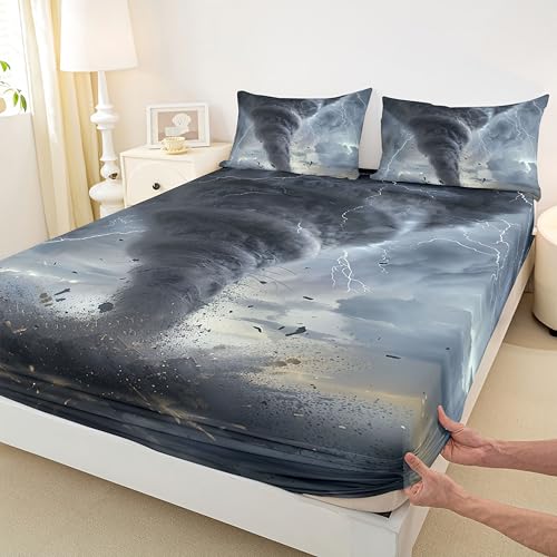 Castle Fairy 3D Tornado Fitted Sheet,Full Size Lightning Collections Natural Disaster Theme,Soft Decorative Fabric Bedding Deep Pocket for Children Teens Young Boys Girls,with 2 Pillowcases