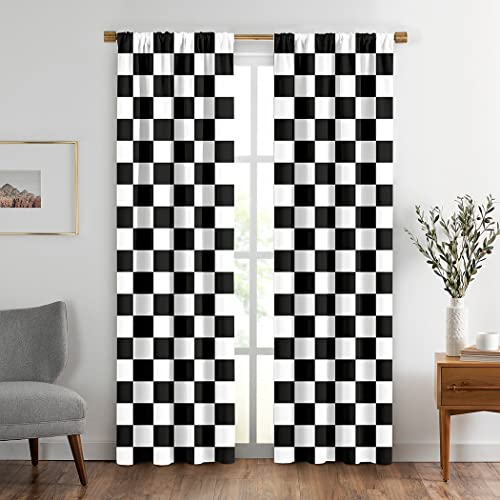 BigLixhgg Black and White Window Drapes Curtain Checkered Flag Racing Race Car Line Rod Pocket Drapes Curtain for Living Room Home Decor 21x63 Inches 2 Panels