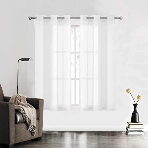 July Joy White Semi Linen Look Sheer Curtains for Bedroom, Living Room Grommet Light Filtering Solid Voile Window Curtains, Set of 2 Panels, 42 x 45 inch