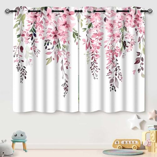 EOTDMS Pink Watercolor Floral Curtains, 52x63 inch, 2 Panels - Botanical Leaves Vine Flowers, Rustic Farmhouse Style, Blackout Window Treatment, For Bedroom Living Room