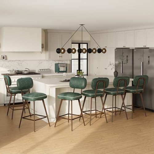 MALOL PU Leather Breakfast Bar Stools Set of 6, Swivel Kitchen Bar Chairs with Backrest and Metal Legs, Modern Barstools Counter with Anti-Slip Pads for Kitchen Island, Dining Room, Green