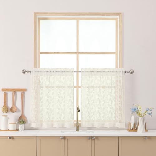 "Chyhomenyc Ivory Sheer Curtains 24 Inch Length, Light Filtering Leaf Tufted Textured Small Window Kitchen Curtain Over Sink, Short Half Window Curtains for Bathroom Basement, 28"" Wx24 L, 2 Panels"