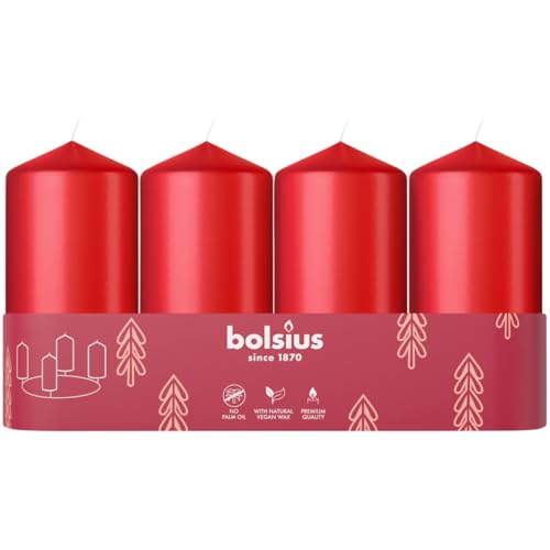 Bolsius Smooth Pillar Candles - Set of 4 - Red - 100x48 mm - Decorative Candles - Long Burning Time - Unscented - with Natural Plant Wax - Without Palm Oil