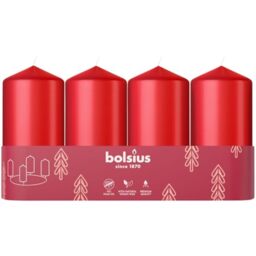 Bolsius Smooth Pillar Candles - Set of 4 - Red - 100x48 mm - Decorative Candles - Long Burning Time - Unscented - with Natural Plant Wax - Without Palm Oil
