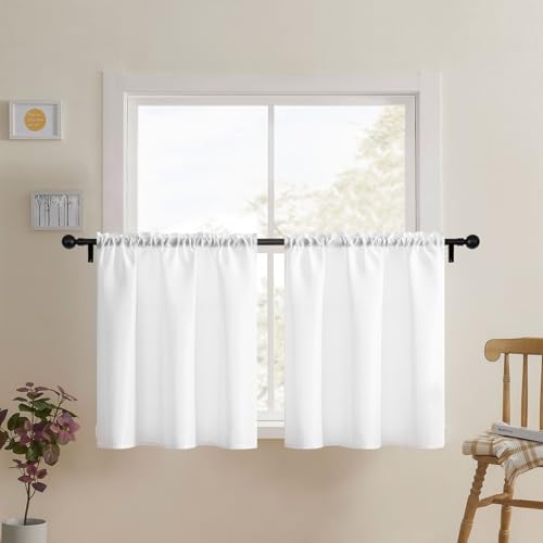 Home Queen White Waffle Bathroom Window Curtains, Water Repellent Rod Pocket Kitchen Drapes for Small Window, 2 Panels, 24 W X 24 L Inch Each