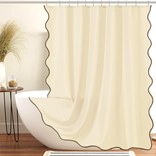 ORTIGIA Beige Shower Curtain with Brown Coffee Scalloped Edge 72 W x 84 H Inch, Cute Boho Preppy Shower Curtains Aesthetic Waterproof Fabric Shabby Chic Bath Bathroom Decor with Metal Hook